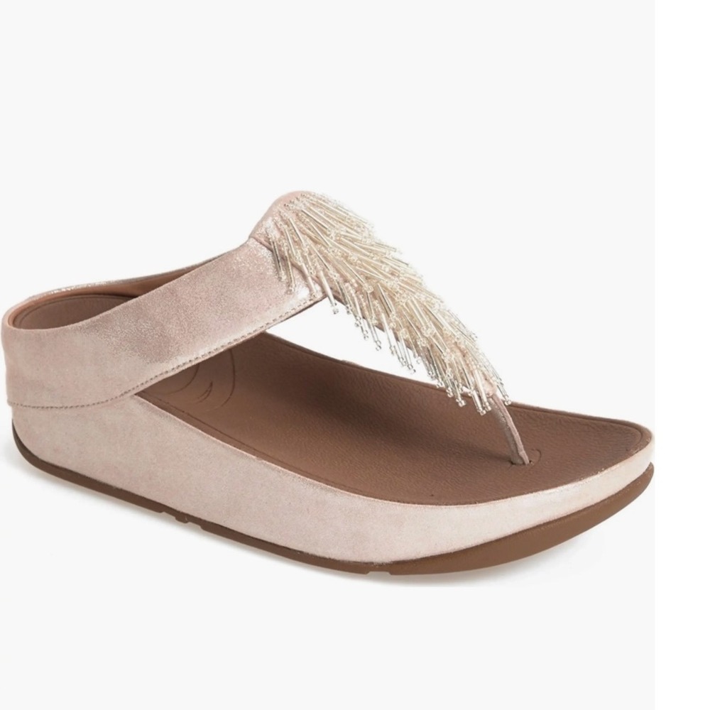 Fitflop Cha Cha Sandals Women 11 Rose Gold Beaded Fringe Microwobbleboard
